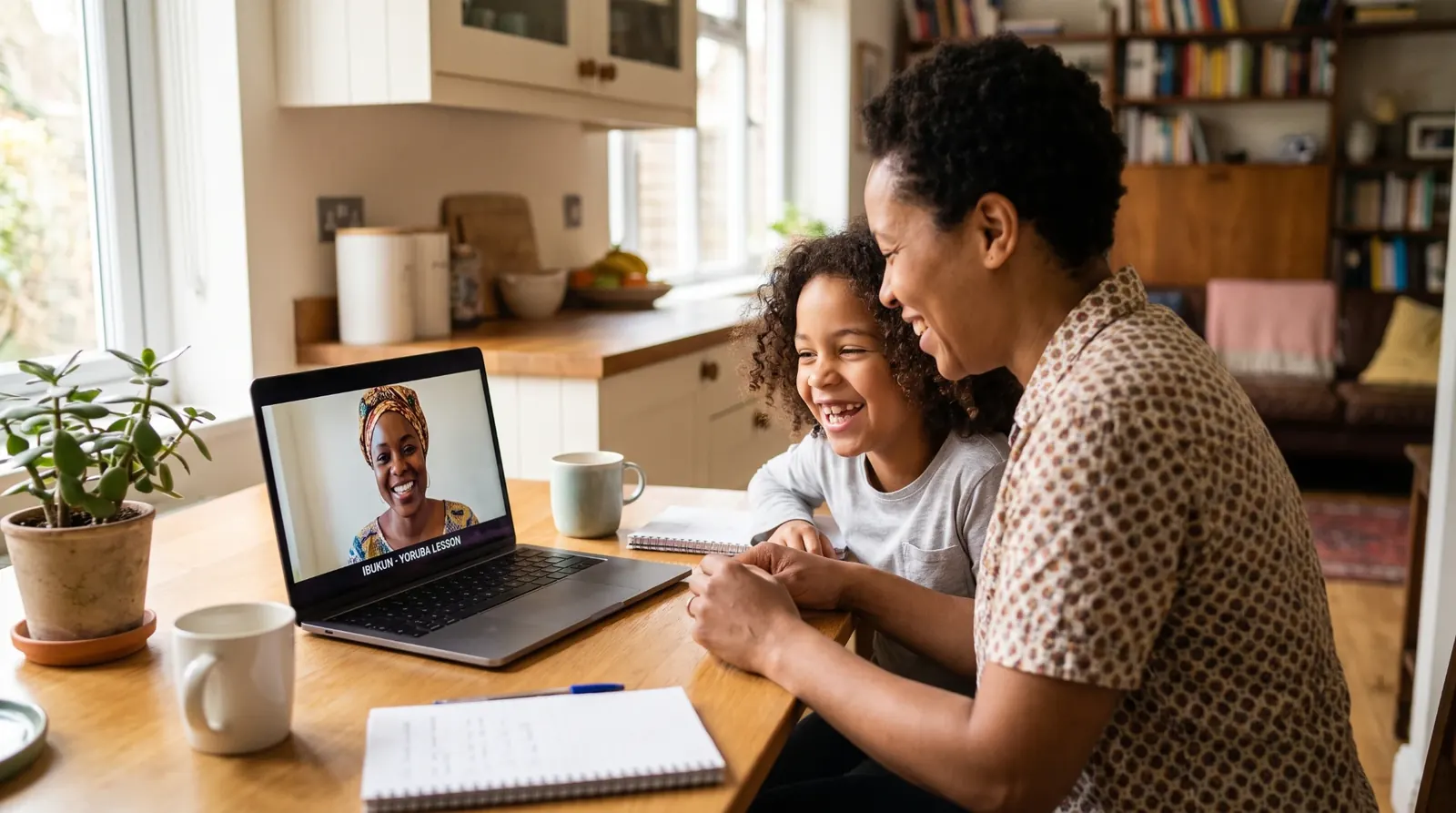 A parent and child laughing together at their kitchen table during a live Yoruba lesson with their teacher on a laptop