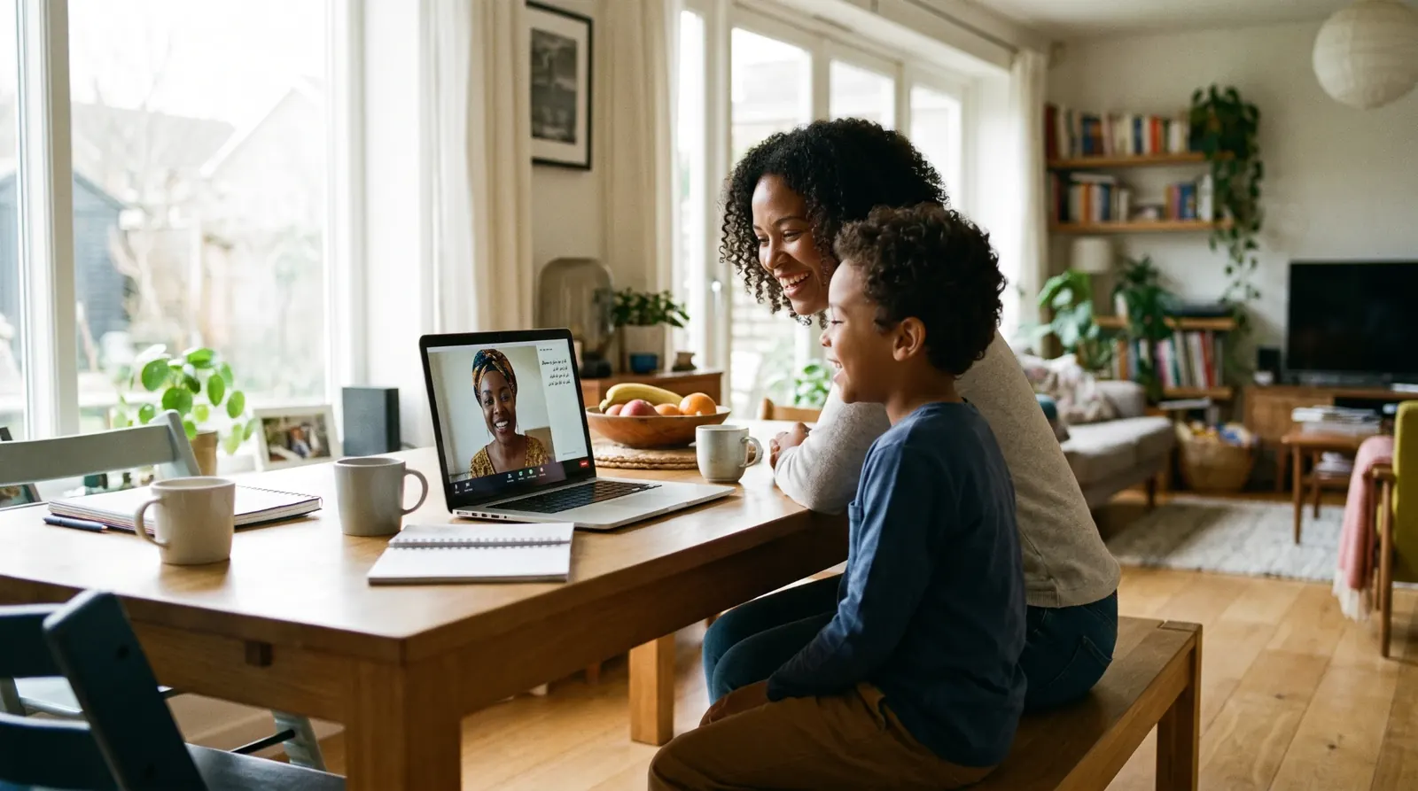 A parent and child smiling at a laptop in their living room as their teacher greets them at the start of a lesson