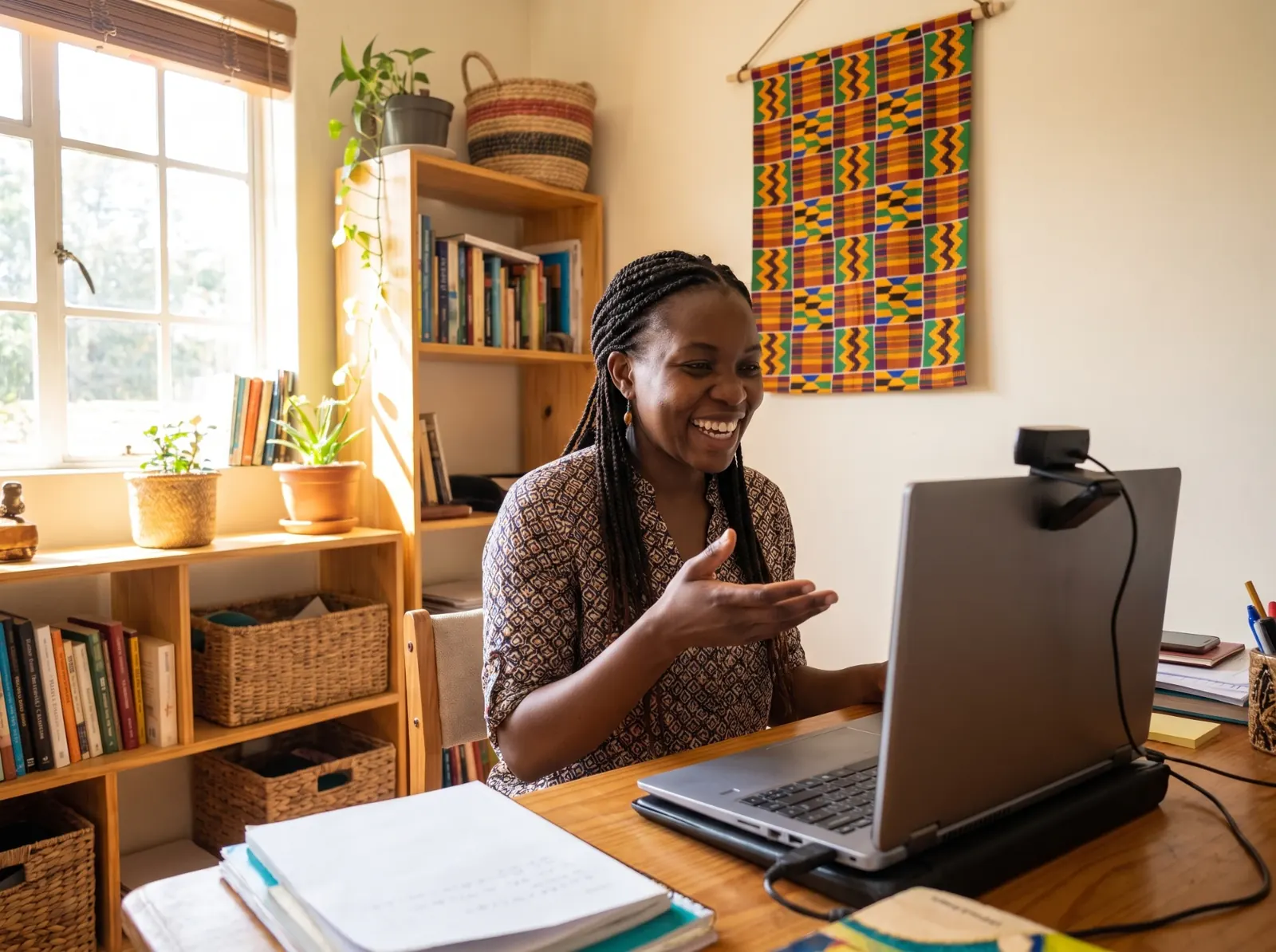 A smiling teacher in her home study, gesturing as she teaches a live online lesson, with kente cloth on the wall behind her